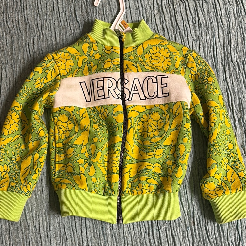 Versace Green and Yellow Jean Jacket with Baroque Print